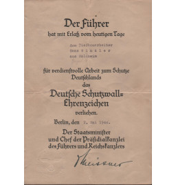 Urkunde - Deutsche Schutzwall