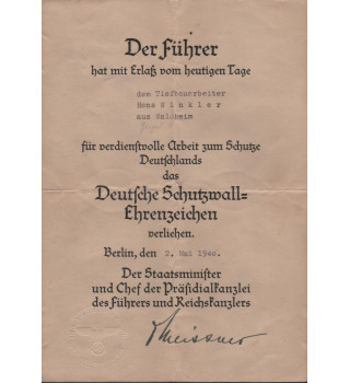 Urkunde - Deutsche Schutzwall