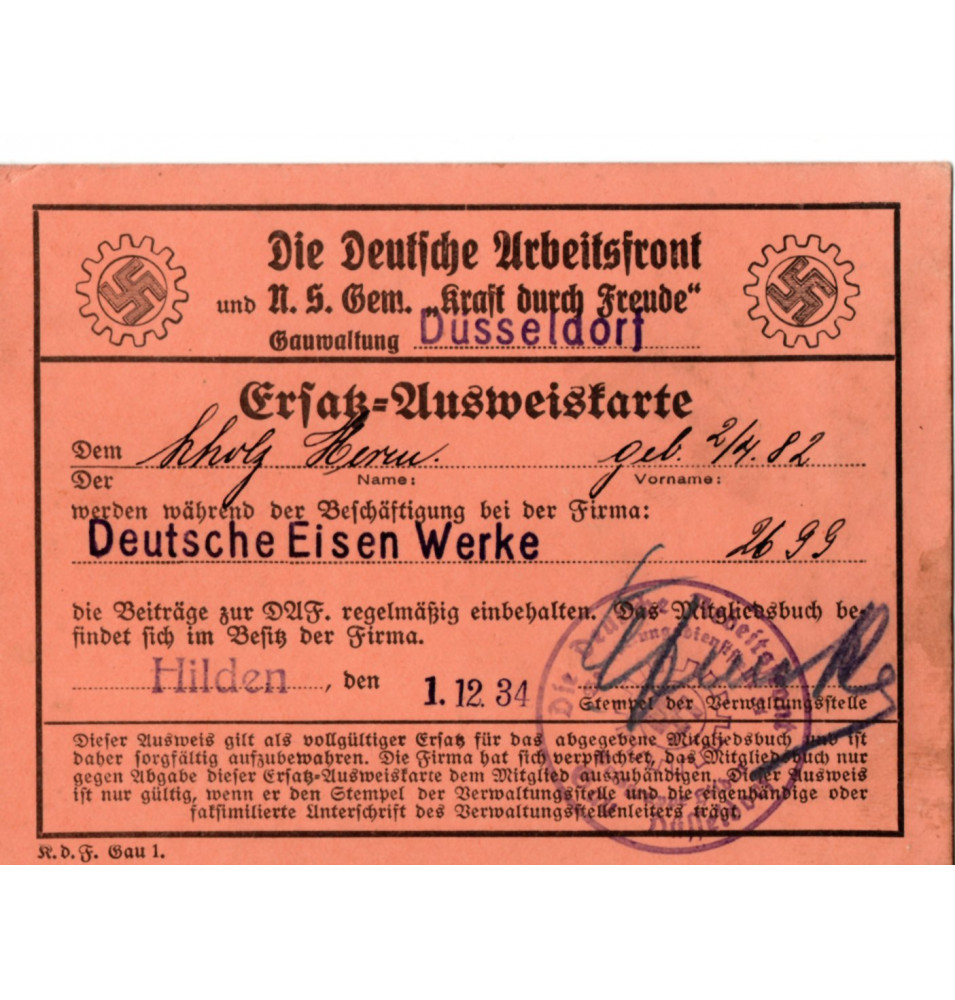 *Mitgliedsausweis der Deutschen Arbeitsfront*