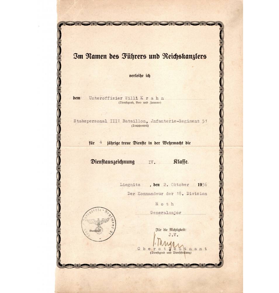 *Certificat 4 ans de service - Wehrmacht*