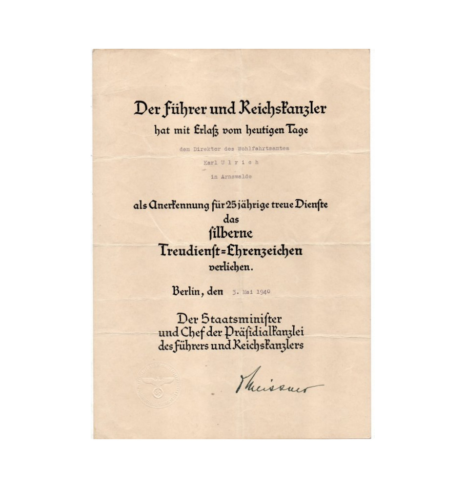 *Urkunde - Treudienst - Ehrenzeichen*