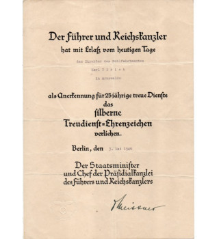 *Urkunde - Treudienst - Ehrenzeichen*