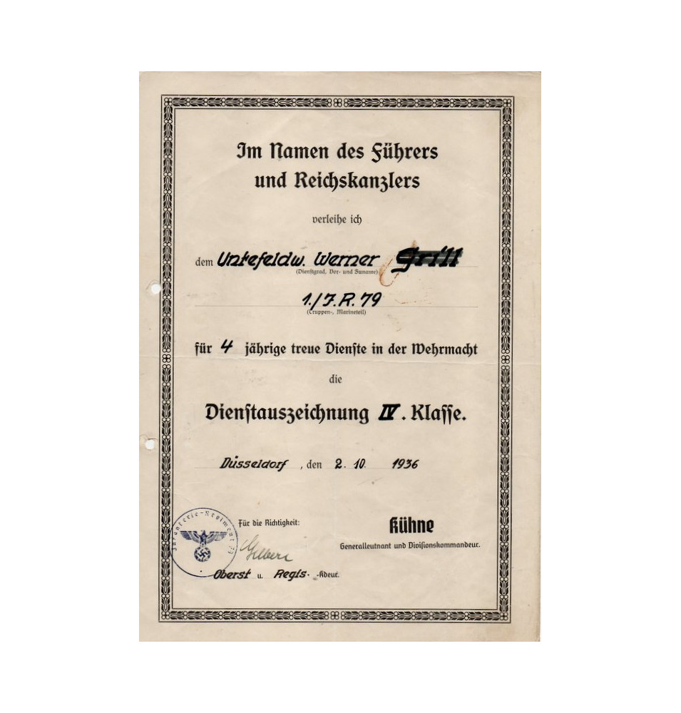 *Certificat 4 ans de service - Wehrmacht*