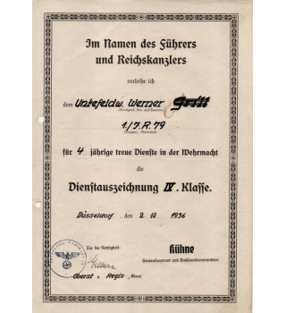 *Certificat 4 ans de service - Wehrmacht*