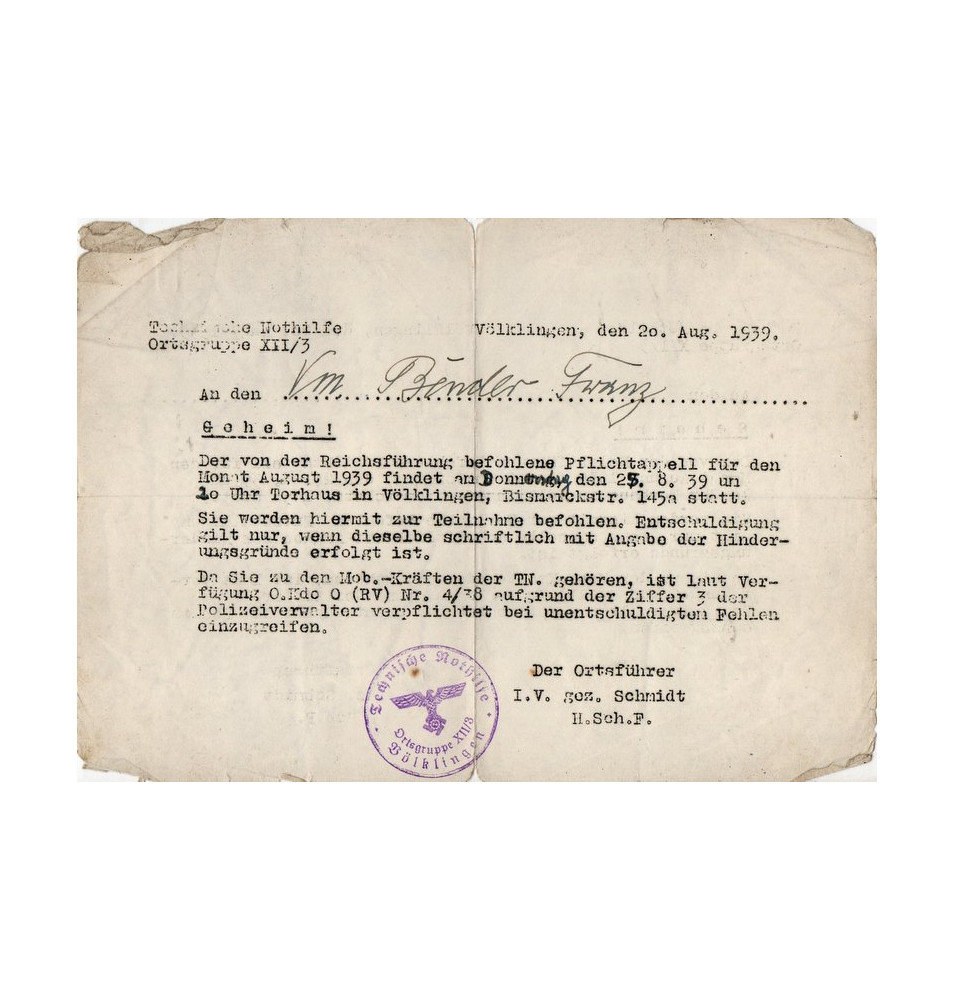 *Zwangseinberufung - August 1939*