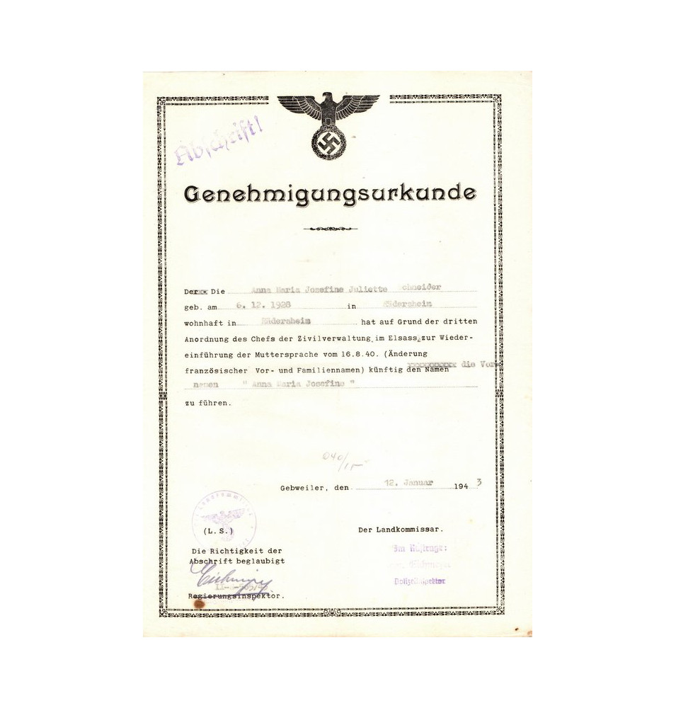 *Genehmigungsurkunde*