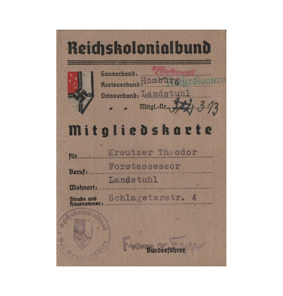 *Carte de membre - Ligue coloniale du Reich*