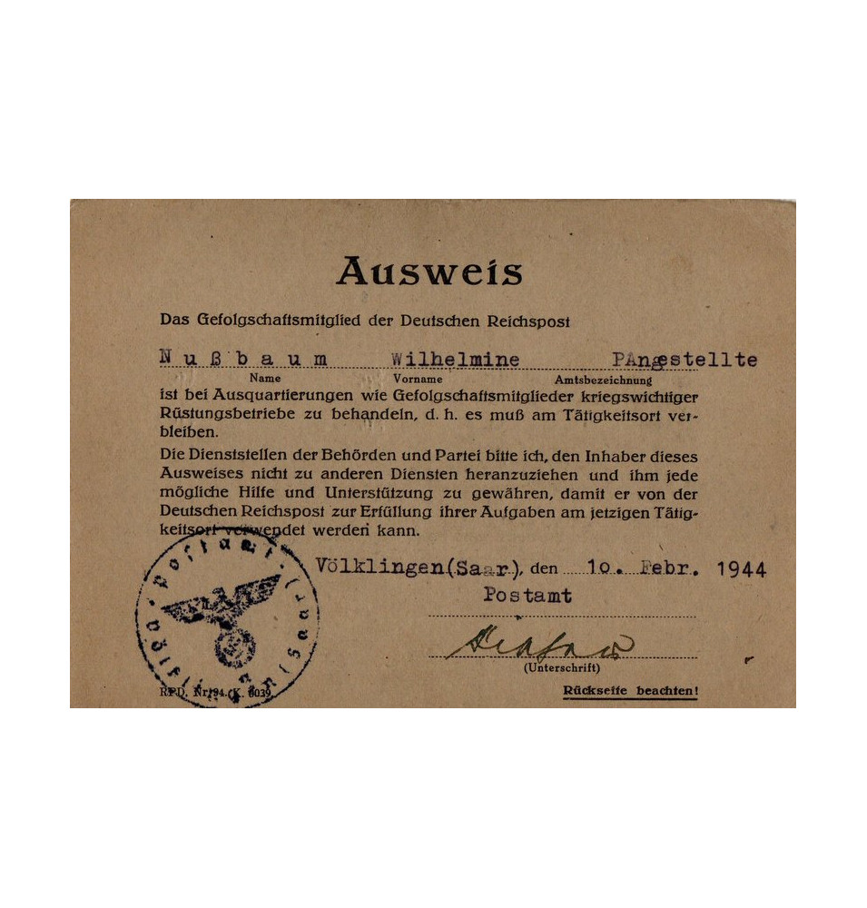 *Ausweis -  Reichspost*