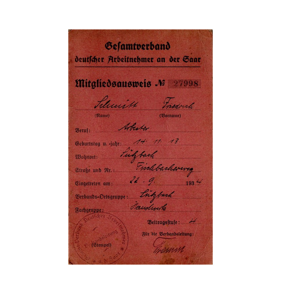* Mitgliedsausweis des Deutschen Arbeitervereins*