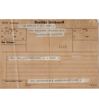 *Grußtelegramm der saarländischen Mädchen*