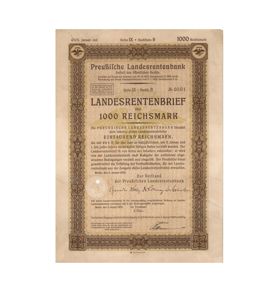 *Landesrentenbrief- 1000 Gold Mark*