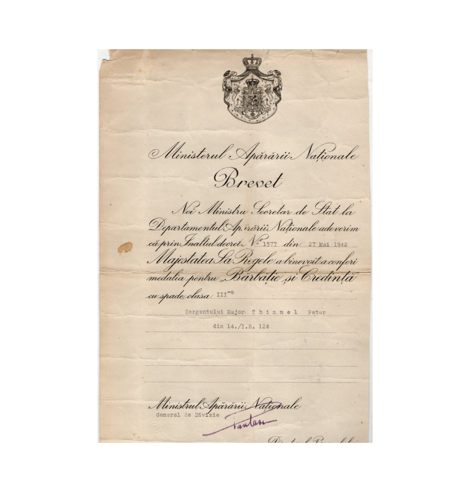 *Brevet - Médaille roumaine*