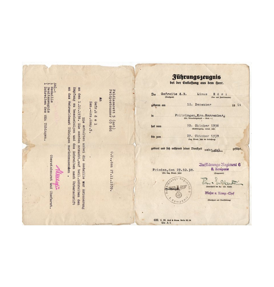 *Certificat de bonne conduite & médaille 1/10/38*