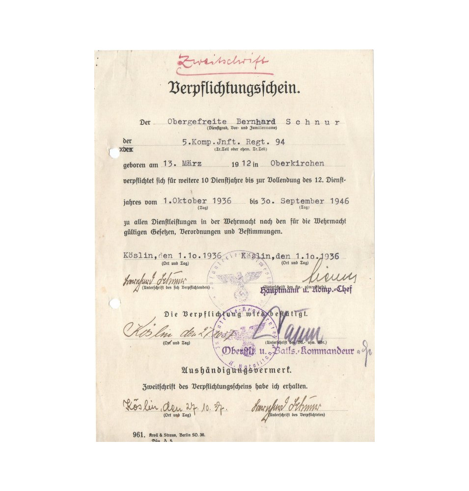*Certificat d'engagement Wehrmacht*