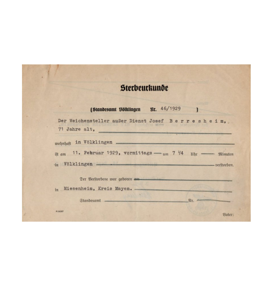 *Certificat de décès - Sarre*