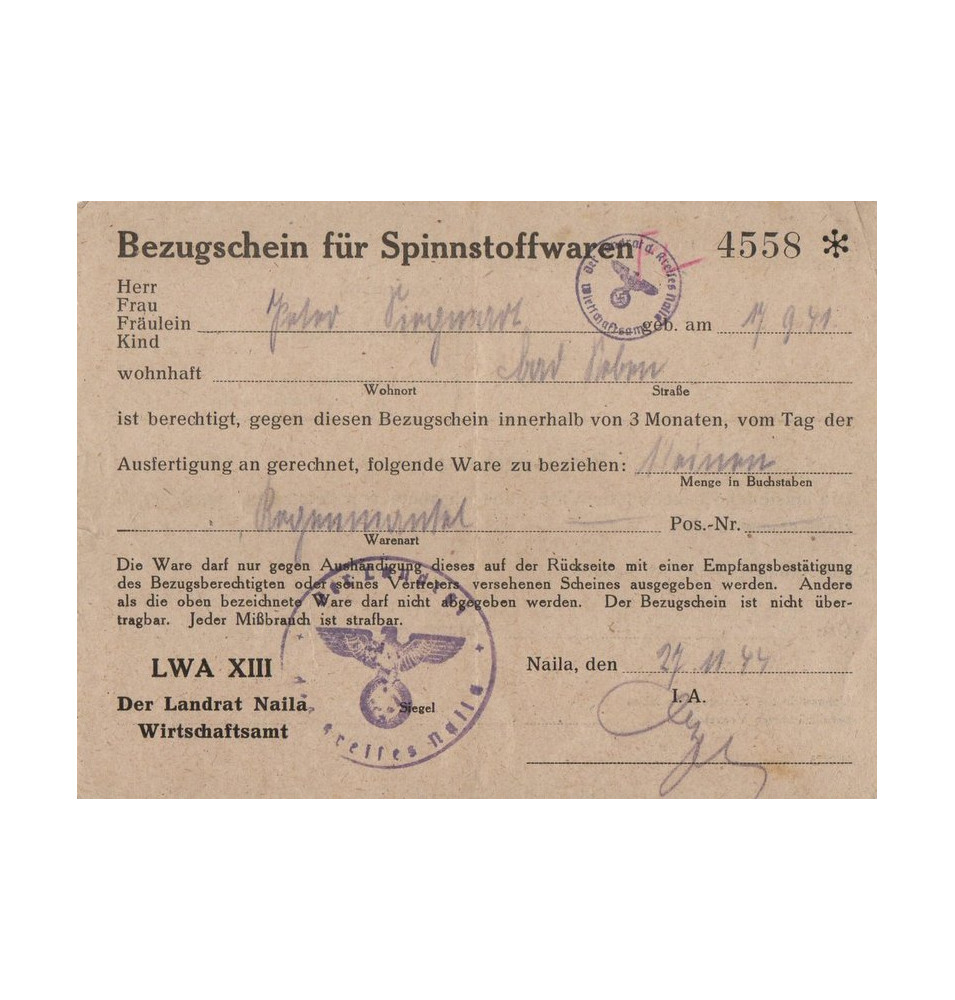 *Bezugsschein Für Spinnstoffwaren*