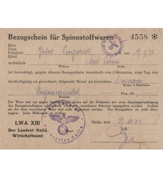 *Bezugsschein Für Spinnstoffwaren*