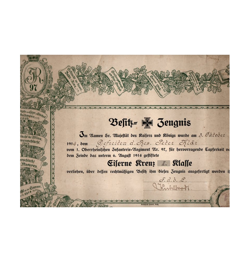 *Besitz - Zeugnis – Eisernes Kreuz II. Klasse*