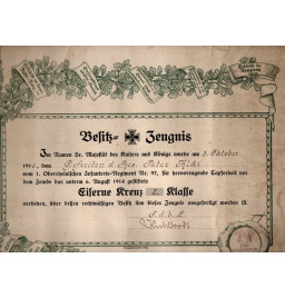 *Besitz - Zeugnis – Eisernes Kreuz II. Klasse*