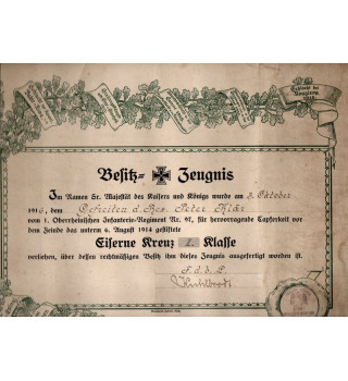 *Besitz - Zeugnis – Eisernes Kreuz II. Klasse*