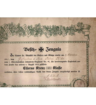 *Besitz - Zeugnis – Eisernes Kreuz II. Klasse*