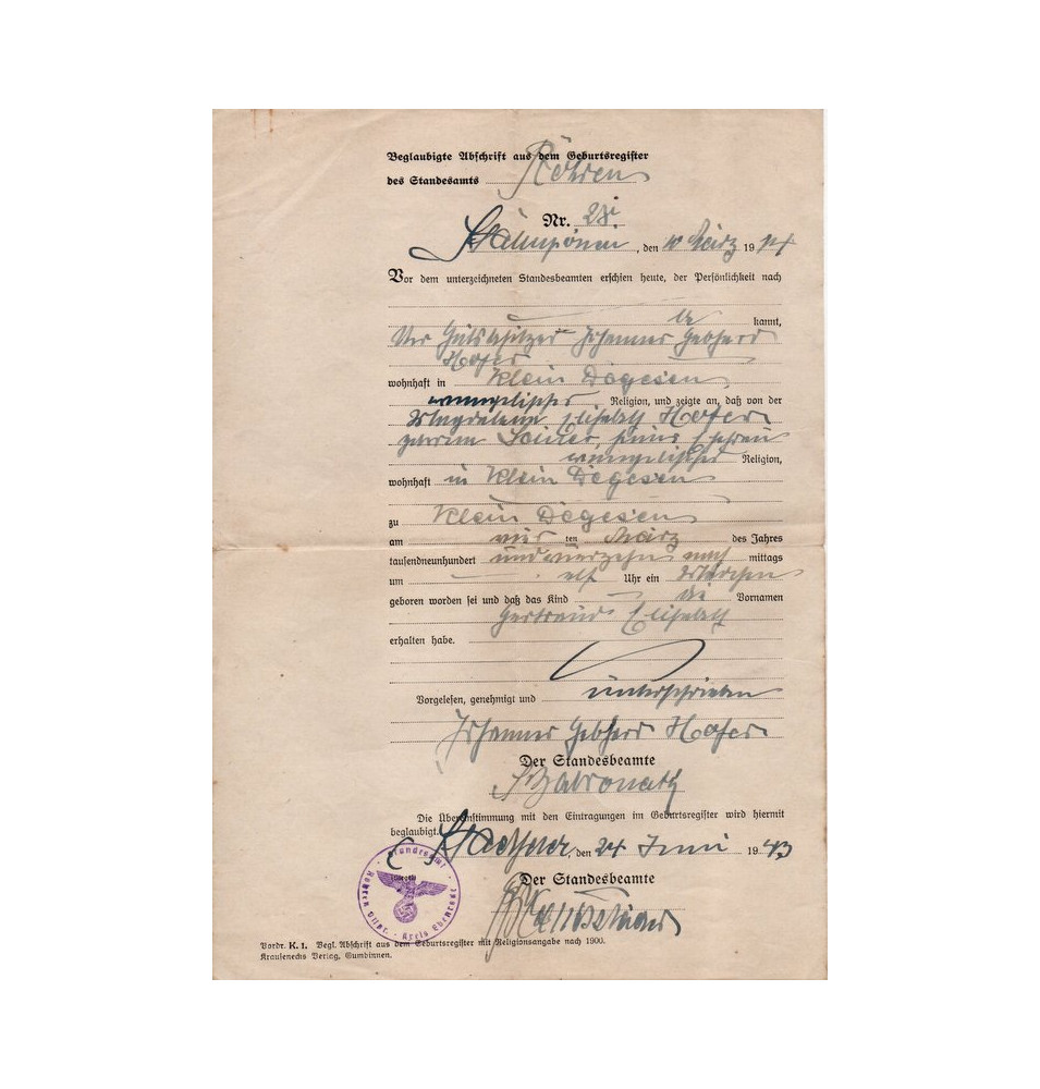 *Beglaubigte Abschrift des Geburtenregister*