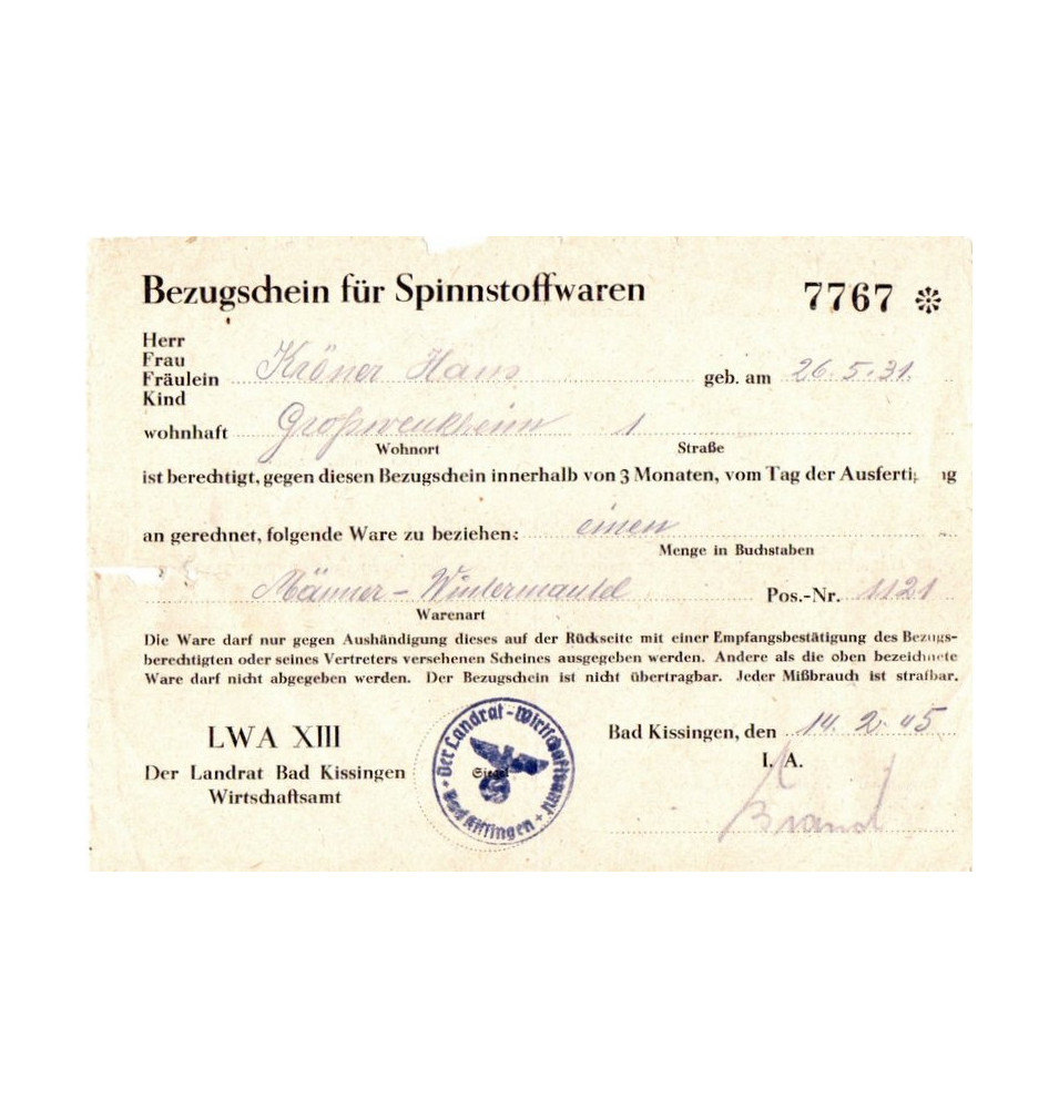 *Bon d'achat pour textiles*