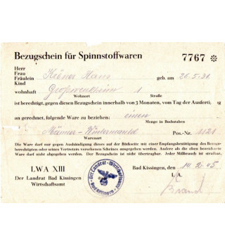 *Bezugschein für Spinnstoffwaren*