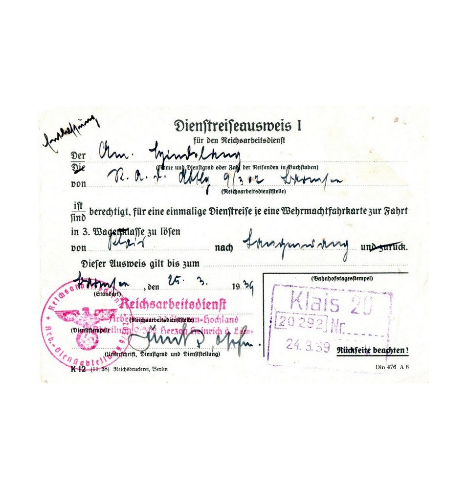*Dienstreise Ausweis für den Reichsarbeitsdienst*